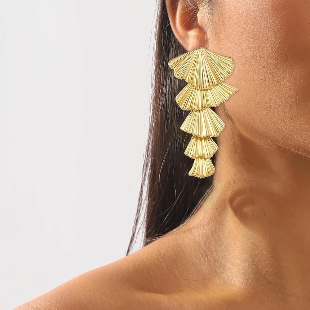 Fan Shaped Earrings Long tapered Elegant Gold
